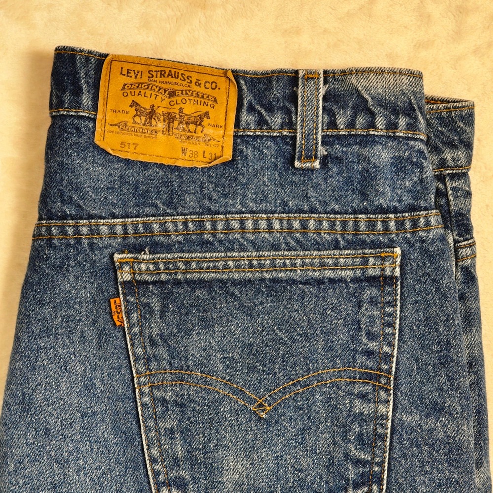 Vintage Levis 517 Orange Tab Jeans Mens 38x31 Made in USA Blue Bootcut (1990)